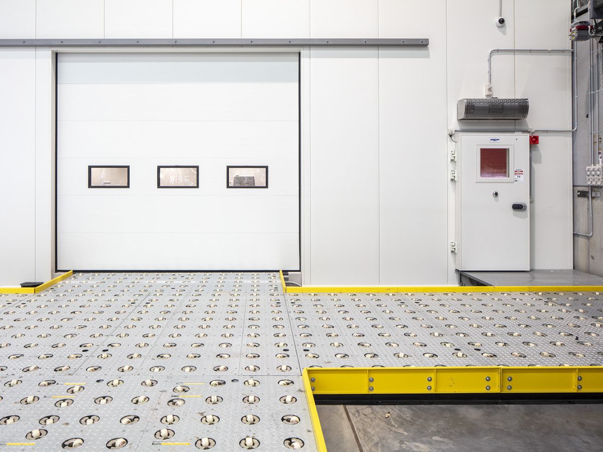 A closed sectional door inside a warehouse of DHL Brisbane Airport
