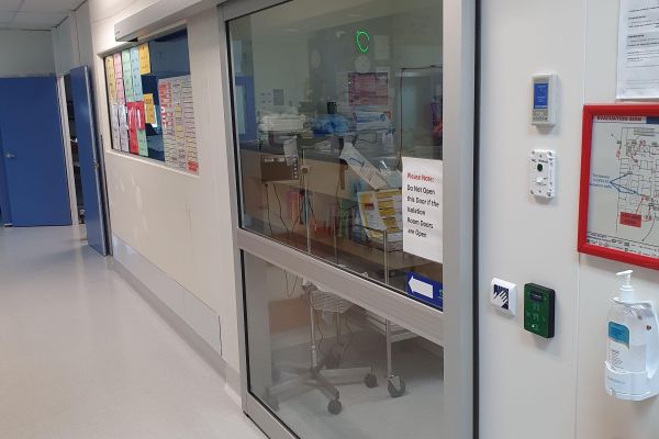 An automatic sliding door inside a hospital.