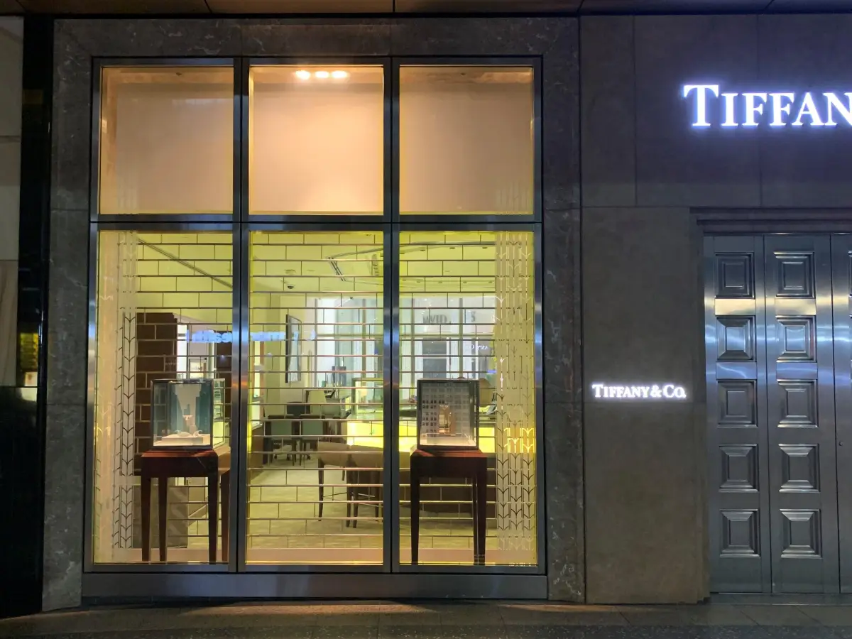 A security roller shutter on the front of a Tiffany shop