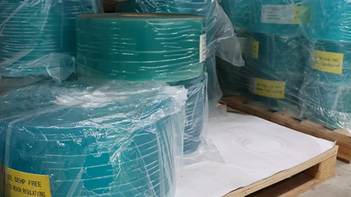 Polaflex variant of a PVC strip curtain roll. Can be cut to length for clear PVC curtain strips used as PVC strip door curtains in freezers