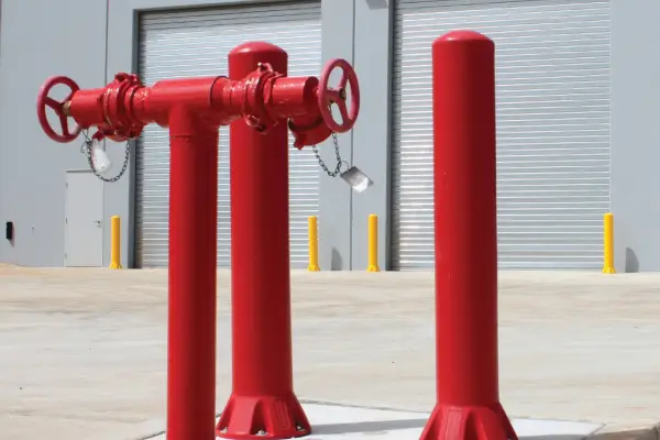 Highly visible bollard set; red polyethylene bollards outside an industrial factory for door and wall protection.