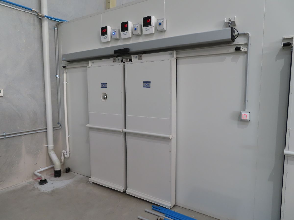 No touch automatic sliding doors inside a food production factory.