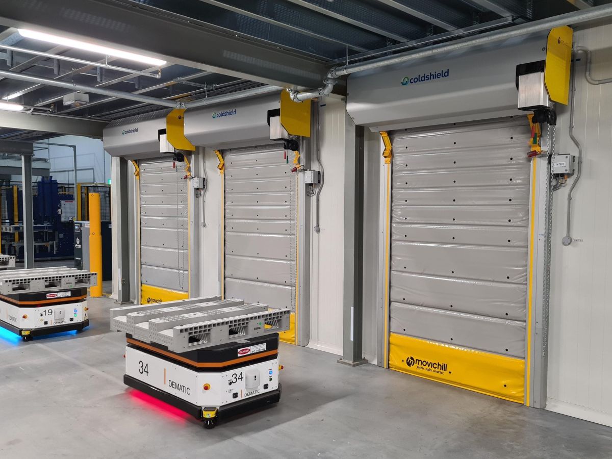 Three Movichill high speed insulated doors at a refrigerated warehouse.