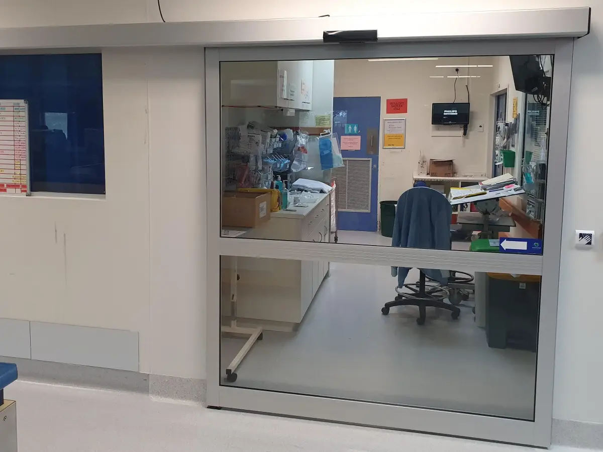An automatic sliding door inside a hospital.