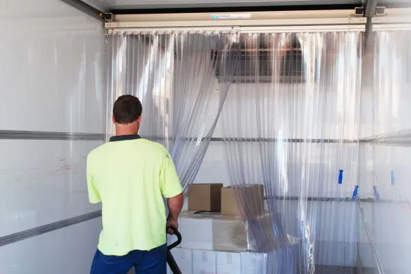 A man removing boxes on a pallet from inside a refrigerated truck through the compass system; movable PVC strip curtains.