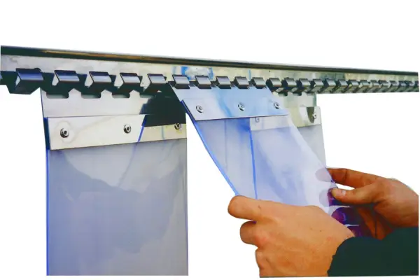 A PVC strip curtain mounting system; clear plastic strips with a hook being attached to a cool room traffic door on mounting system.