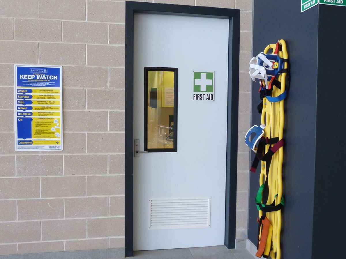 A corrosion resistant traffic door at an aquatic centre.