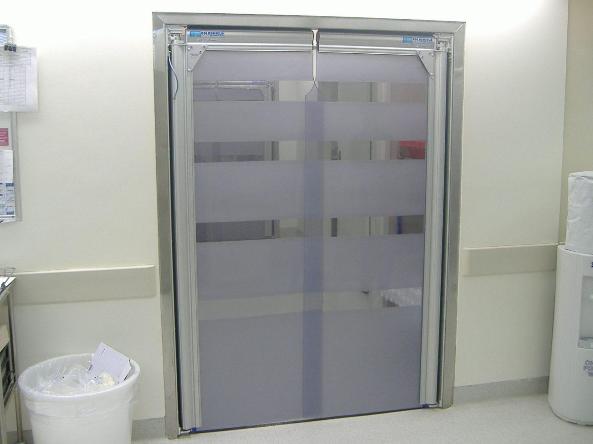 Flexible PVC swing doors in a hospital.