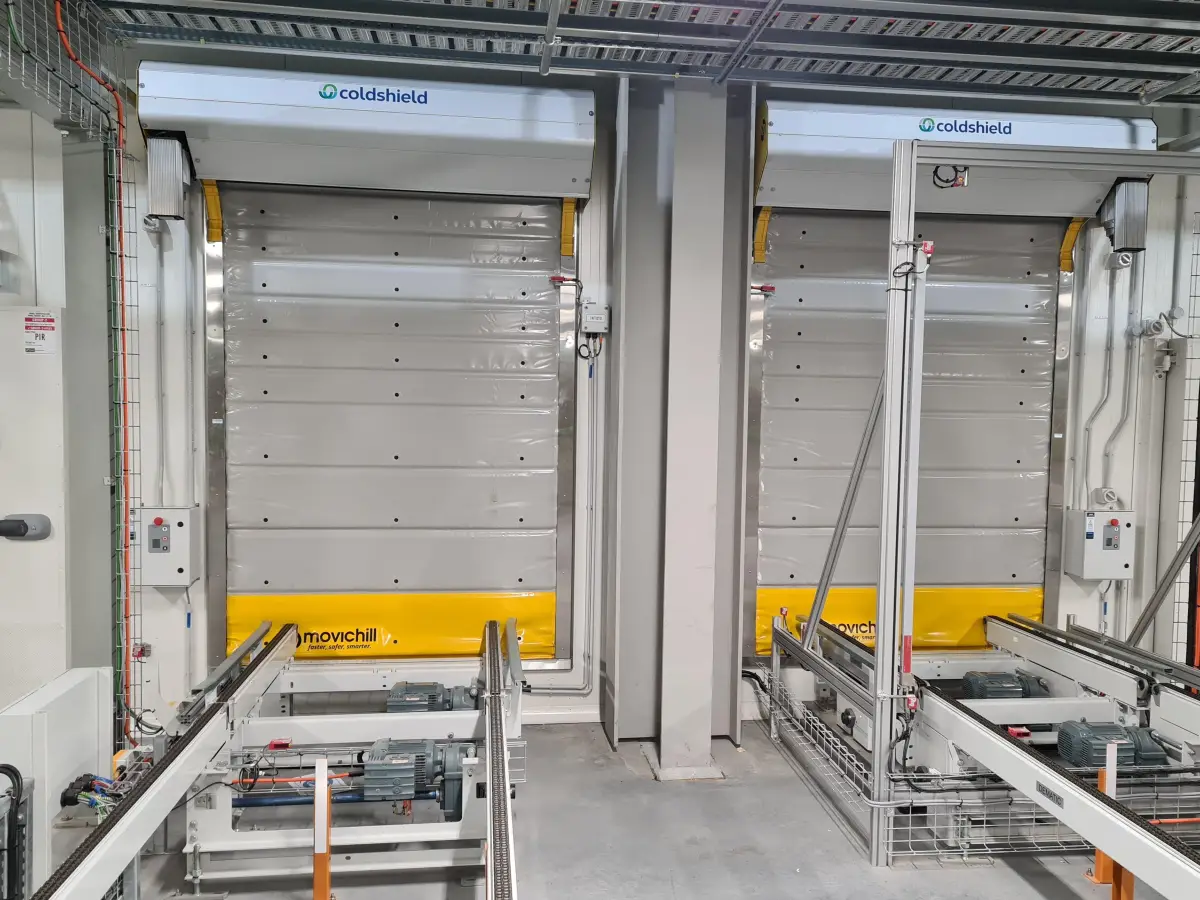 Two Movichill insulated high speed doors inside a warehouse in Port of Brisbane